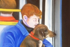 Con il cane in metro a Parigi,60x90 cm, oil painting on canvas