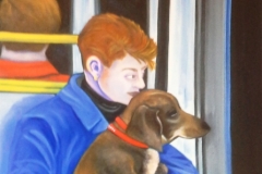 Con il cane in metro a Parigi,60x90 cm, oil painting on canvas